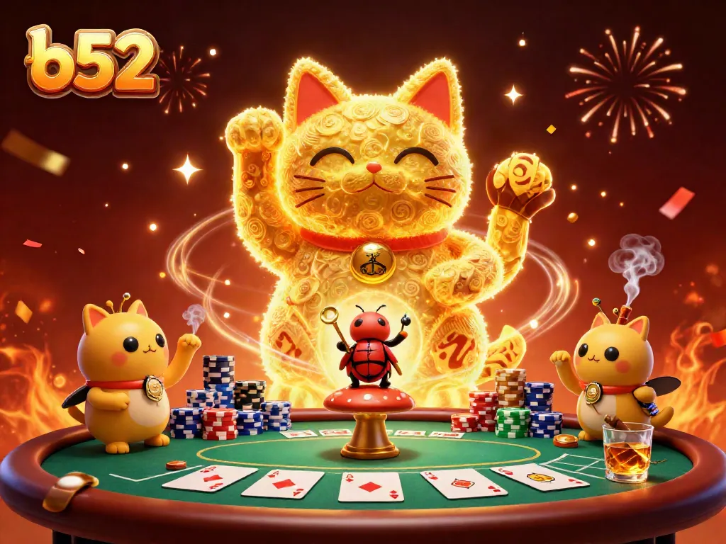 Engage with the vibrant b52 casino world through this dynamic scene featuring a lucky cat and poker elements.