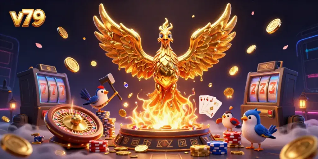 Experience the thrill of v79 with golden phoenix gaming elements in a dynamic casino scene.