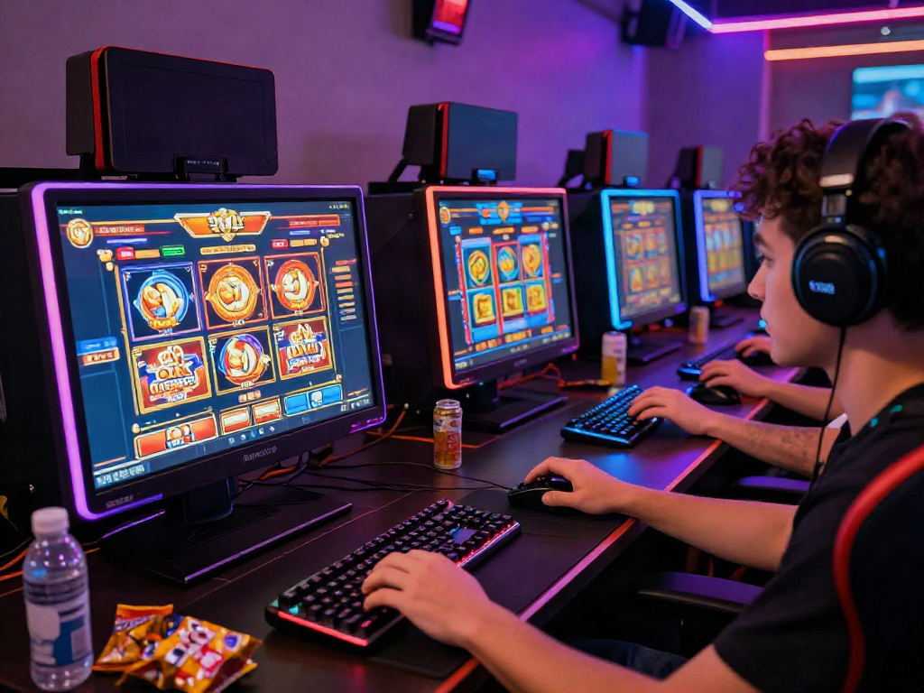 Person playing slot gacor gampang menang games on multiple monitors in an energetic gaming setup.