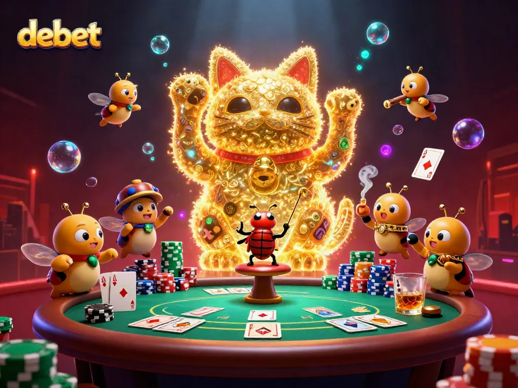 Experience the excitement of debet with a lively casino scene featuring a giant lucky cat and vibrant poker elements.
