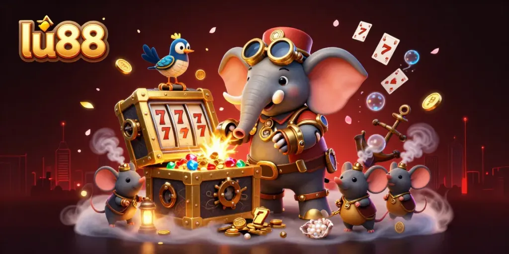 Spin the golden slot machine with lu88's steampunk elephant, treasures, and dynamic gaming elements.