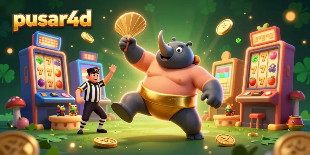 Pusar4d features a heroic rhinoceros beetle sumo champion amidst golden coins and vibrant slot machines.