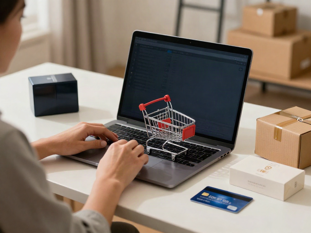 Online shopping in a replica shop featuring luxury designer products, relaxed atmosphere, warm lighting, best deals.