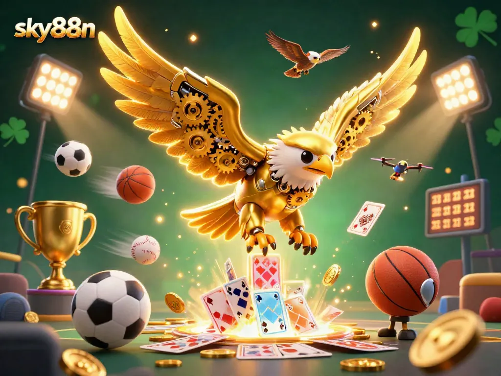 Experience the thrill of sky88n with a dynamic illustration of a golden eagle amidst vibrant game elements and holographic cards.