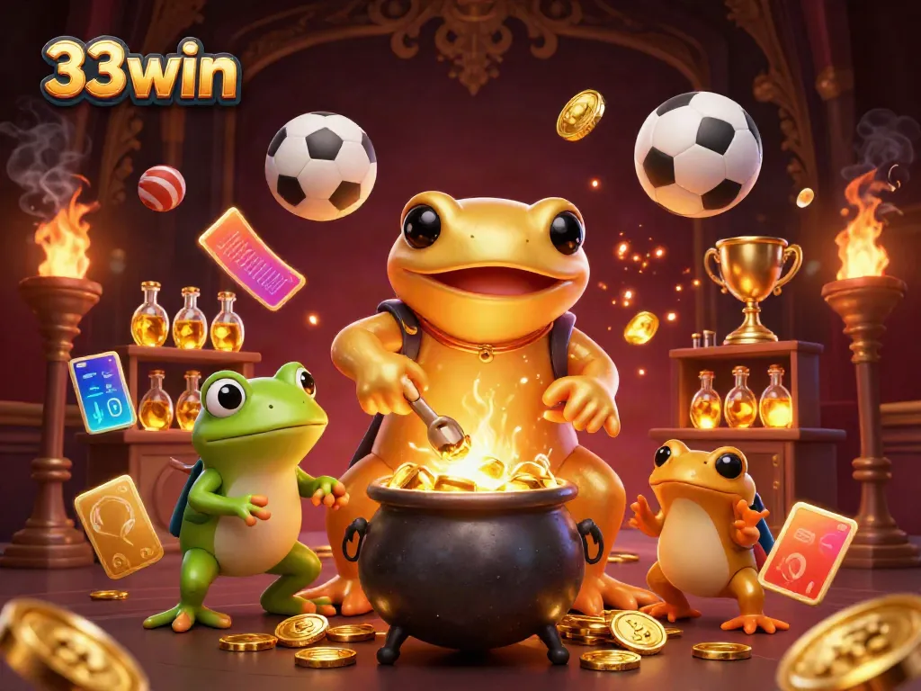 Engage with 33win as golden coins and sports elements fill the medieval laboratory scene.