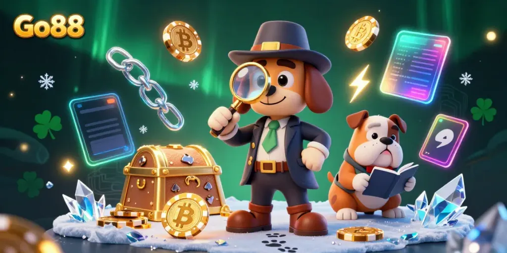 Engage with Go88 through a cartoon detective scene filled with casino clues and crypto elements.