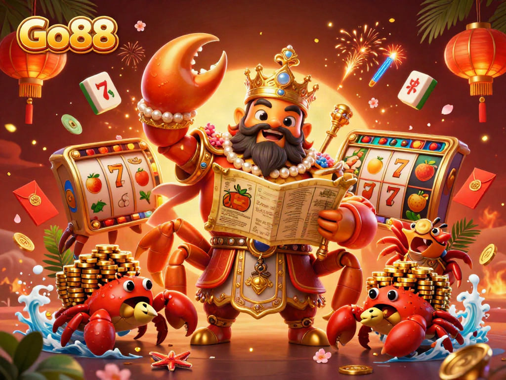 Join the gaming adventure with Go88, featuring a crab emperor amidst slot reels and golden treasures.