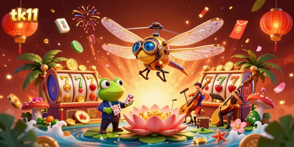 Experience the thrill of tk11 at a vibrant lily pad casino with a dragonfly pilot, frog dealer, and jazz musicians.