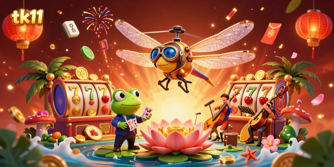 Experience the thrill of tk11 at a vibrant lily pad casino with a dragonfly pilot, frog dealer, and jazz musicians.