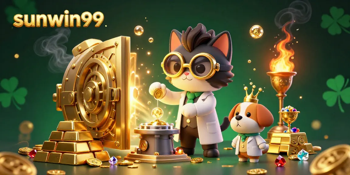 Engage with the vibrant world of sunwin99 featuring a scientist cat and assistant dog amidst sparkling riches.