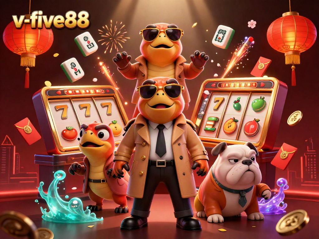 Engage with v-five88’s exciting slot games featuring vibrant raptors and a VIP bouncer in a lively casino scene.