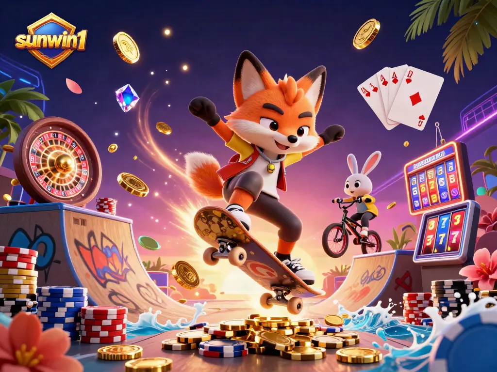 Experience thrilling gaming with sunwin1 in a vibrant, colorful casino scene featuring dynamic characters and elements.