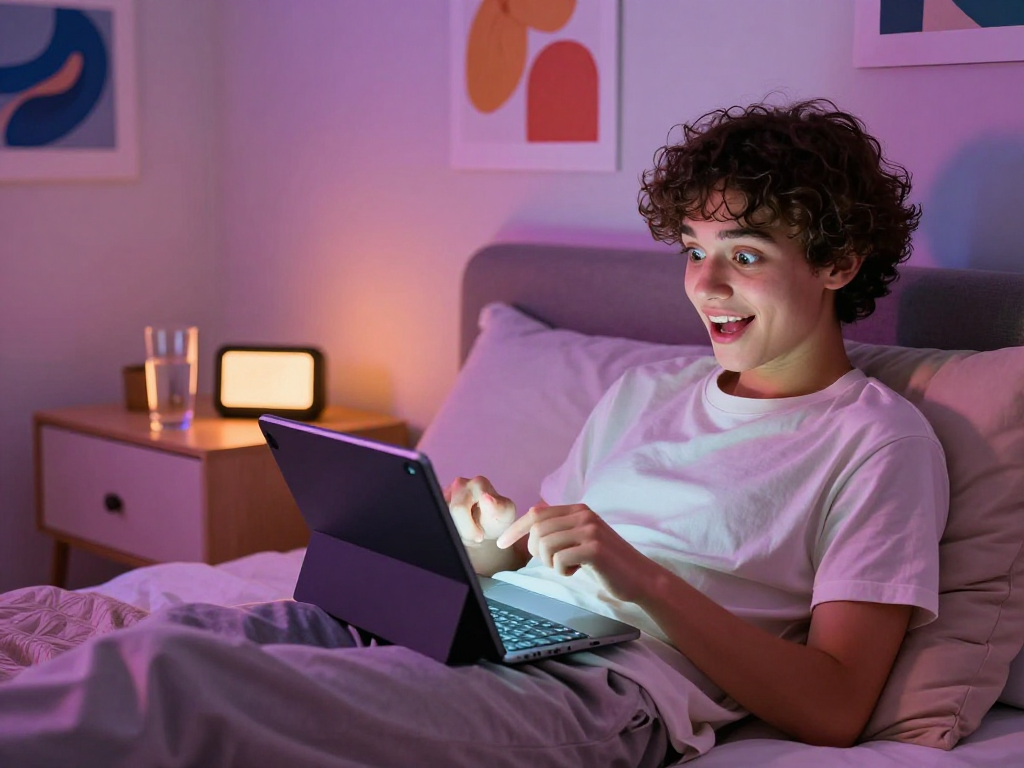 Engaging in an ai sex chat on a tablet in a cozy bedroom, highlighting personal exploration and digital connection.
