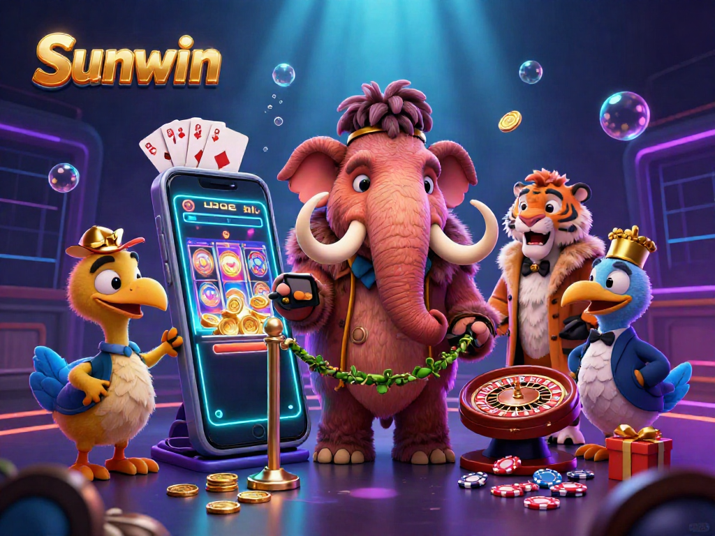 Experience the thrill of Sunwin with lively casino characters surrounded by vibrant game elements.
