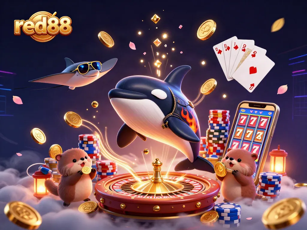 Engage with red88 while enjoying vibrant 3D casino action with whales and otters amidst gleaming coins.