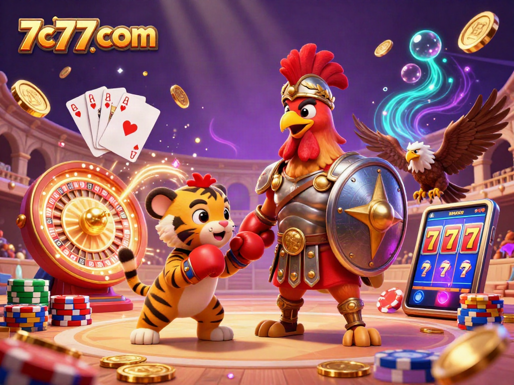 Engage with 7c77 com's vibrant gambling scene featuring a rooster and tiger in a rich casino setting.