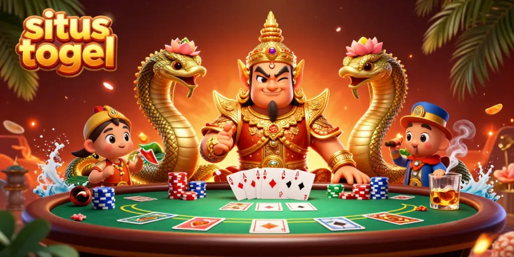 Engaging situs togel scene featuring Thai guardian, poker elements, and vibrant decorations.