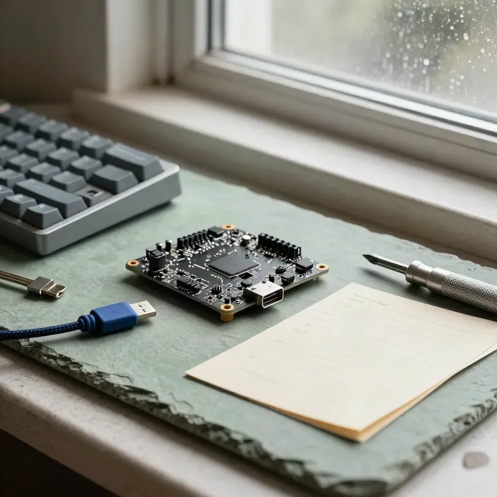 Makro zestawu do nauki kodu: płytka, klawiatura, kabel USB-C, hub i karty pracy.