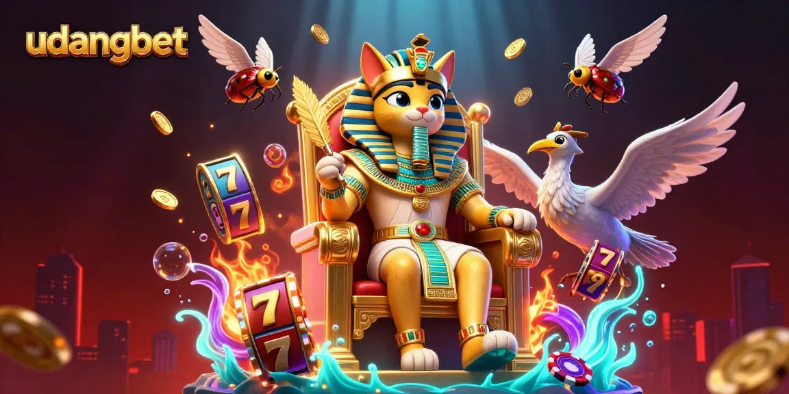 Engage with udangbet's exciting lottery scene featuring an Egyptian pharaoh cat amidst floating jackpot slots and poker chips.