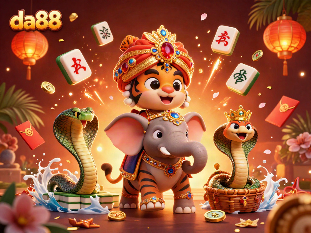 Experience excitement at da88 Casino with a vibrant scene of a tiger maharaja and an elephant amidst enchanting casino elements.