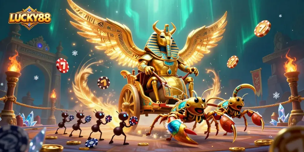 Experience thrilling casino adventures with LUCKY88, featuring golden scarabs and slot reels.