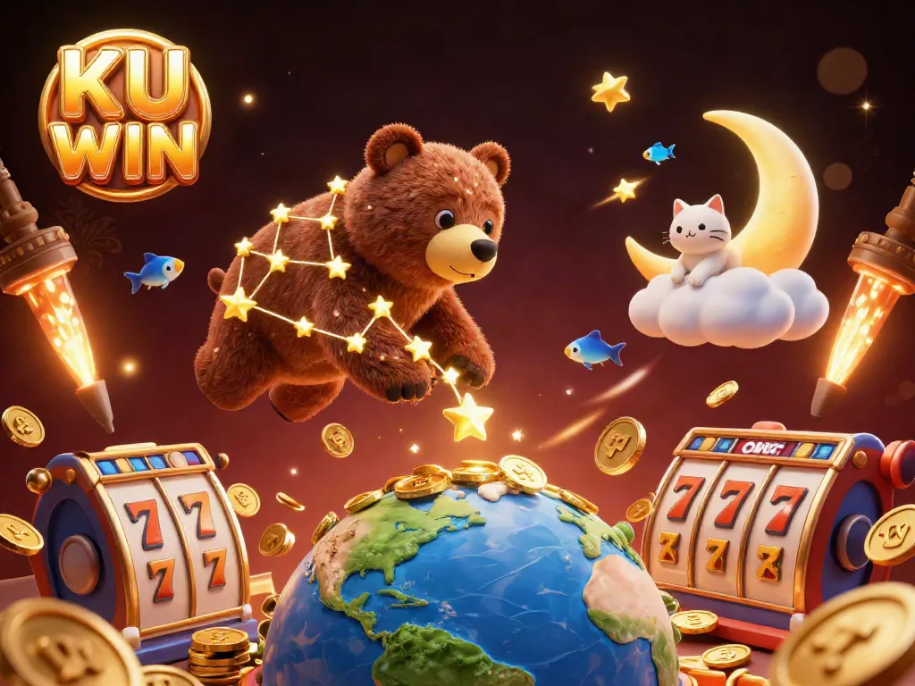 Experience the thrill of winning at KU WIN with slots and golden treasures in a vibrant 3D illustration.