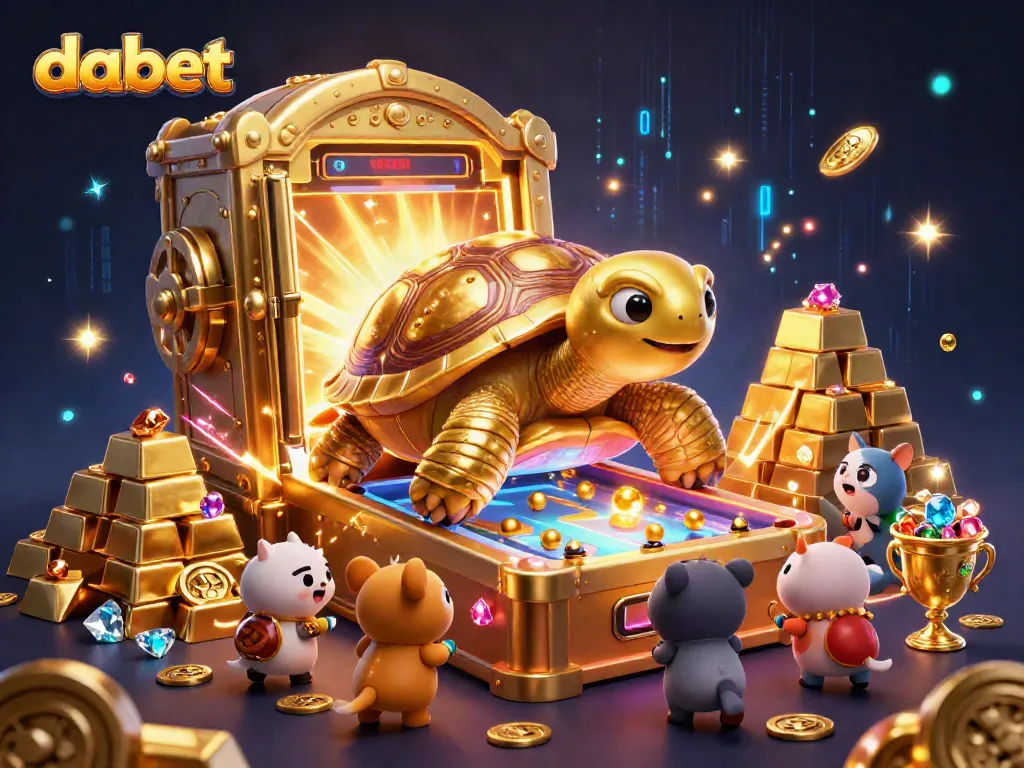 Dabet players enjoying a thrilling casino experience with a giant golden tortoise and sparkling treasures.