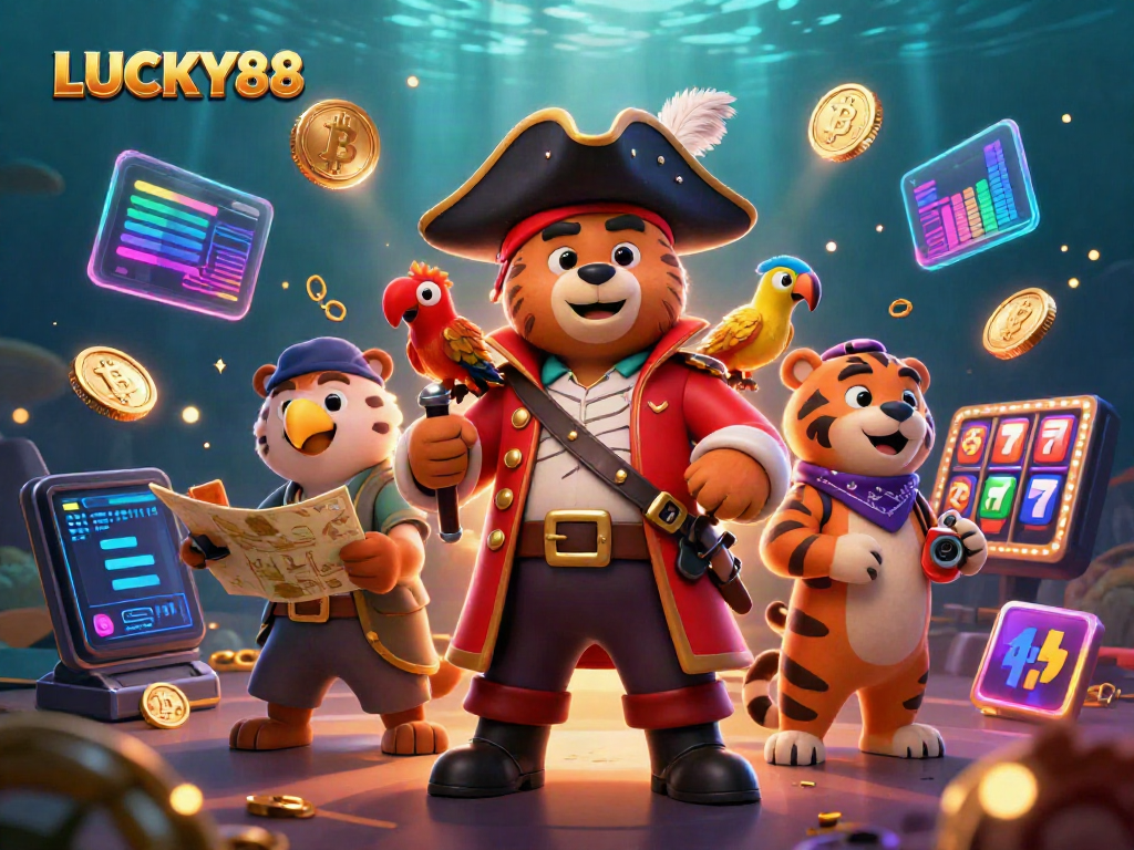 LUCKY88 showcases a vibrant, energetic casino scene with animated characters and glowing crypto elements.