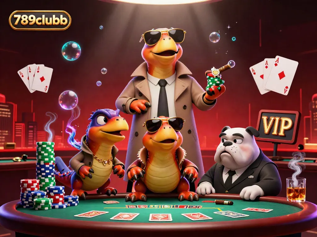 Raptors in a trench coat attempting to enter a casino at 789clubb, surrounded by poker elements.