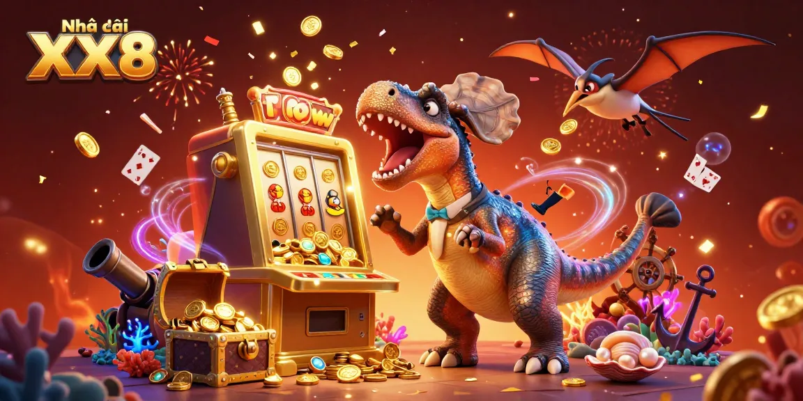 Experience the excitement at Nhà cái XX8 as a pachycephalosaurus celebrates a slot jackpot amidst vibrant casino elements.