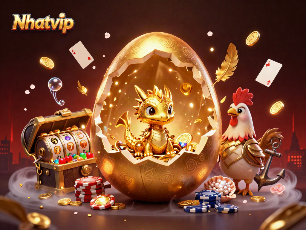 Nhatvip captures thrilling online casino excitement with vibrant golden characters amidst dynamic slot game elements.