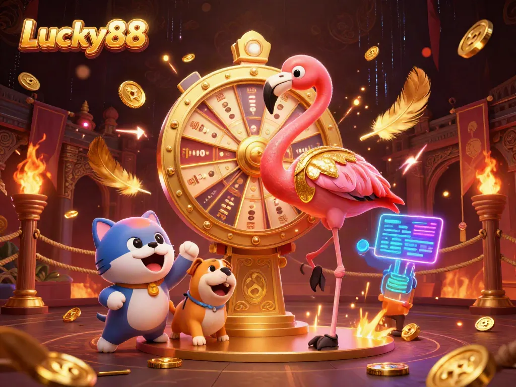 Experience the excitement of Lucky88 with a vibrant game show scene featuring a flamingo host and animated contestants.