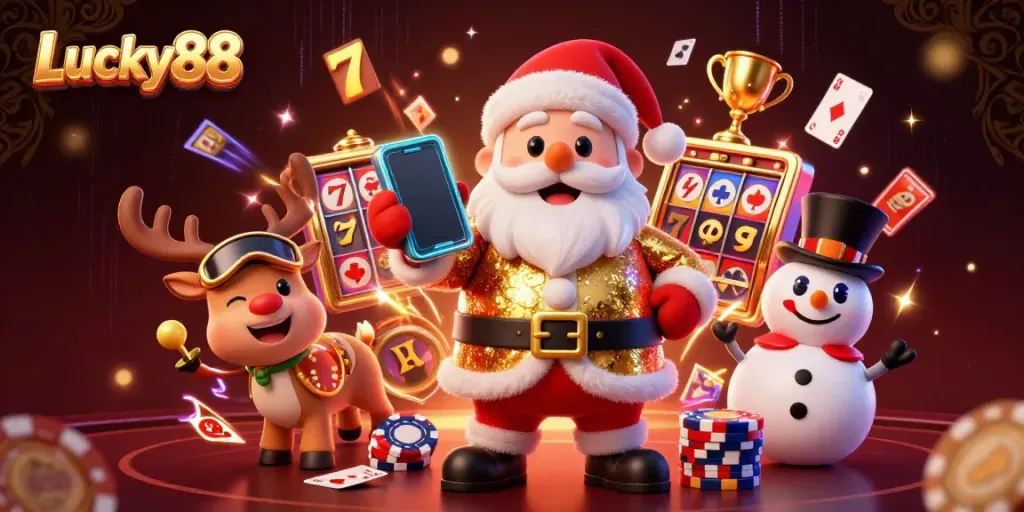 Experience thrilling jackpot slots action with Lucky88's colorful casino illustration featuring Santa and friends.