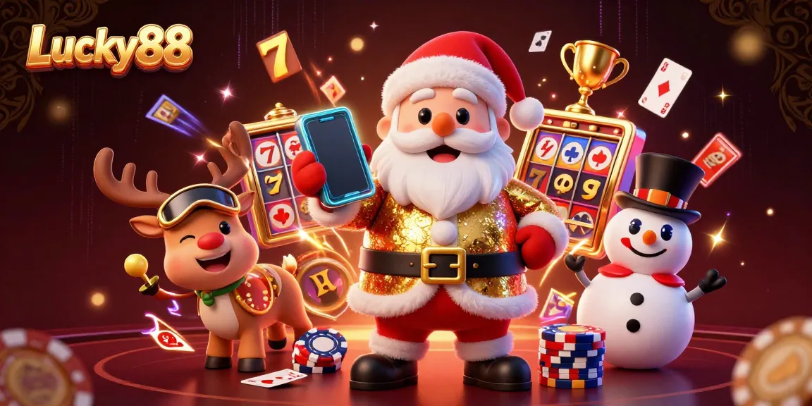 Experience thrilling jackpot slots action with Lucky88's colorful casino illustration featuring Santa and friends.