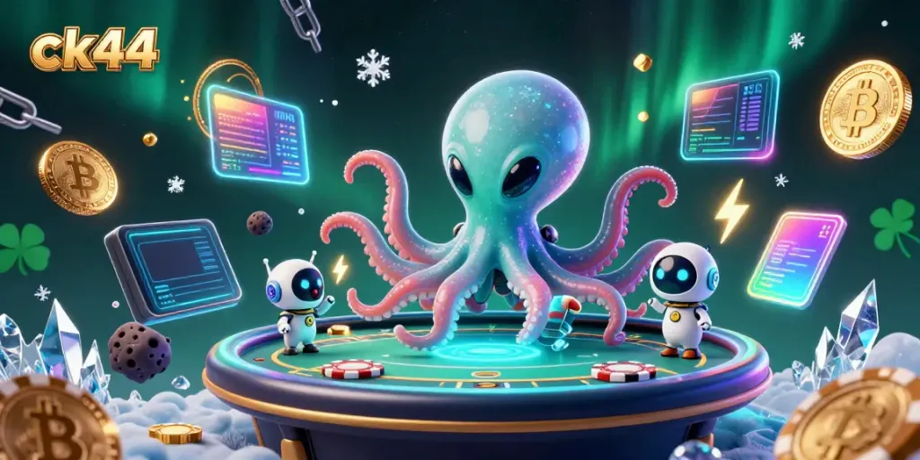 Experience ck44 in a vibrant alien casino scene featuring thrilling poker action and crypto treasures