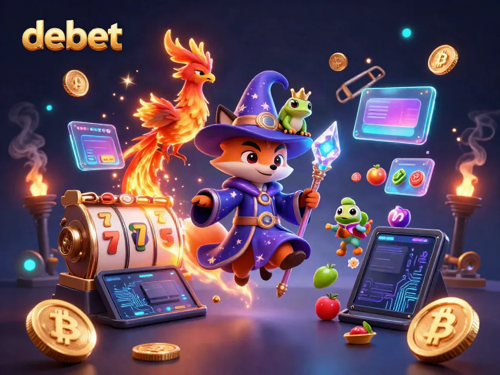 Experience debet's vibrant casino atmosphere with a mystical fox wizard and phoenix in a rich 3D illustration.