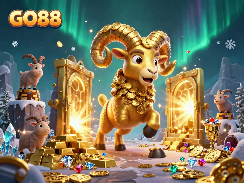Experience thrilling gameplay at GO88 with a golden ram amid a vibrant casino scene.