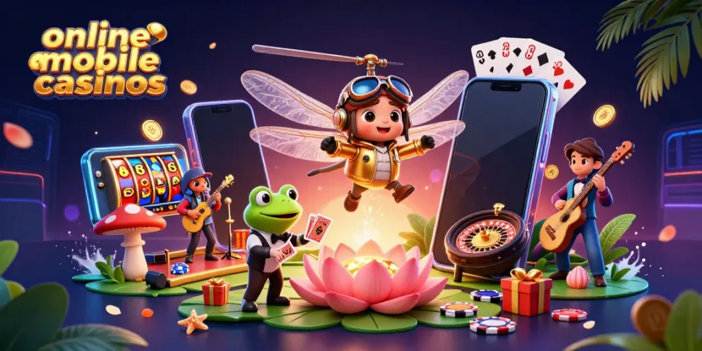 Experience vibrant online mobile casinos with a playful dragonfly pilot, frog croupier, and jazz musicians.