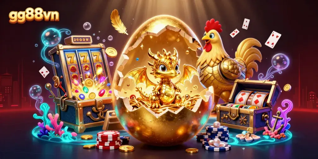 Spin the reels and win with gg88vn's dazzling casino art featuring gold dragon and poker chips.