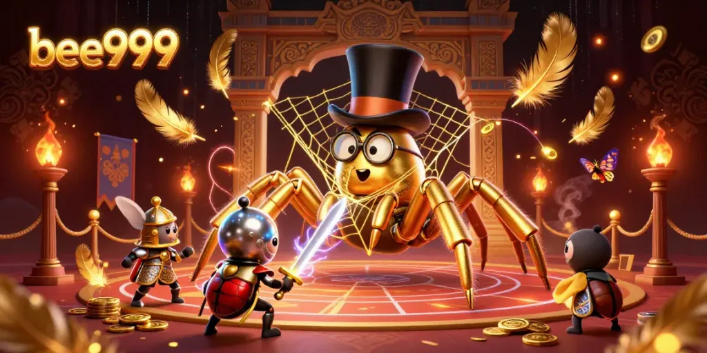 Experience thrilling action with bee999 in this vibrant 3D casino illustration featuring characters and elements.