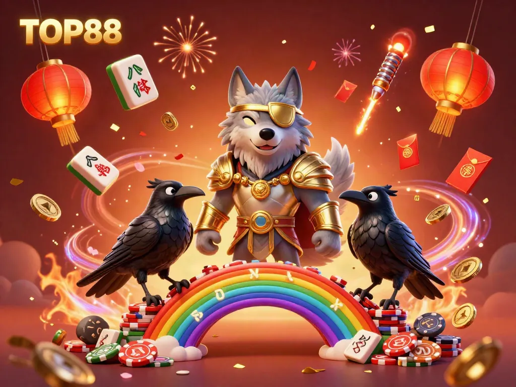 Experience the vibrant excitement at TOP88 with a 3D illustration of mythical characters entwined in a casino scene.