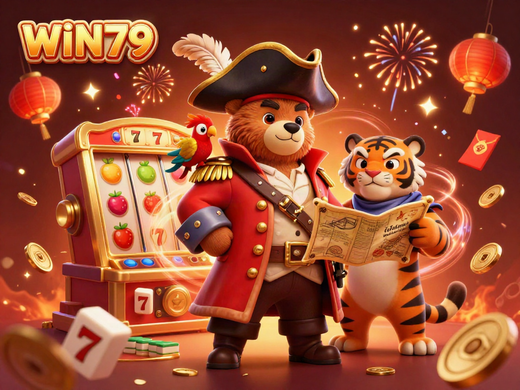 Engage in WIN79 gaming with a vibrant 3D pirate-themed casino illustration featuring slot machines.