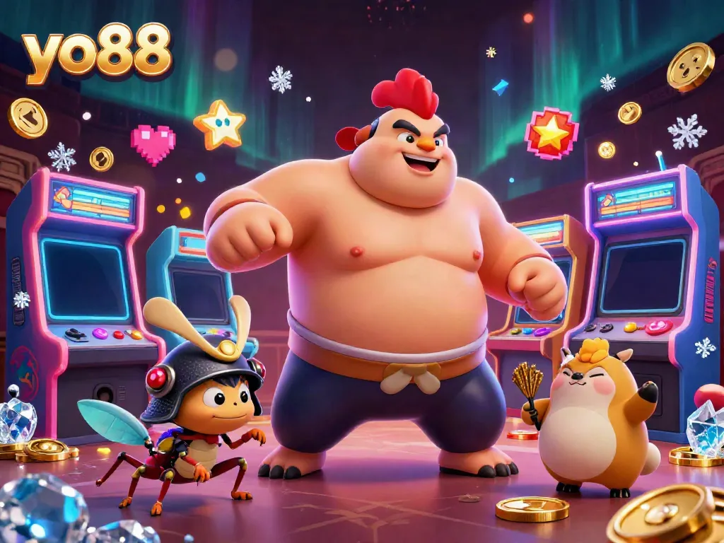 Experience thrilling gaming action at yo88 with characters and casino elements in a vibrant scene.
