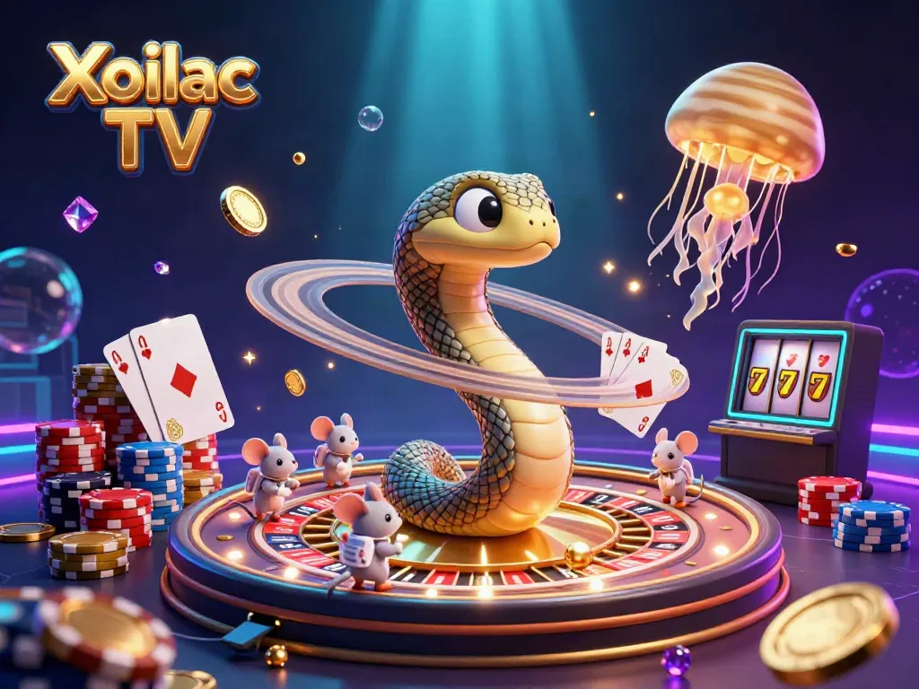 Xoilac TV showcases a vibrant 3D illustration of a cosmic casino scene featuring a Saturn snake and betting astronaut mice.