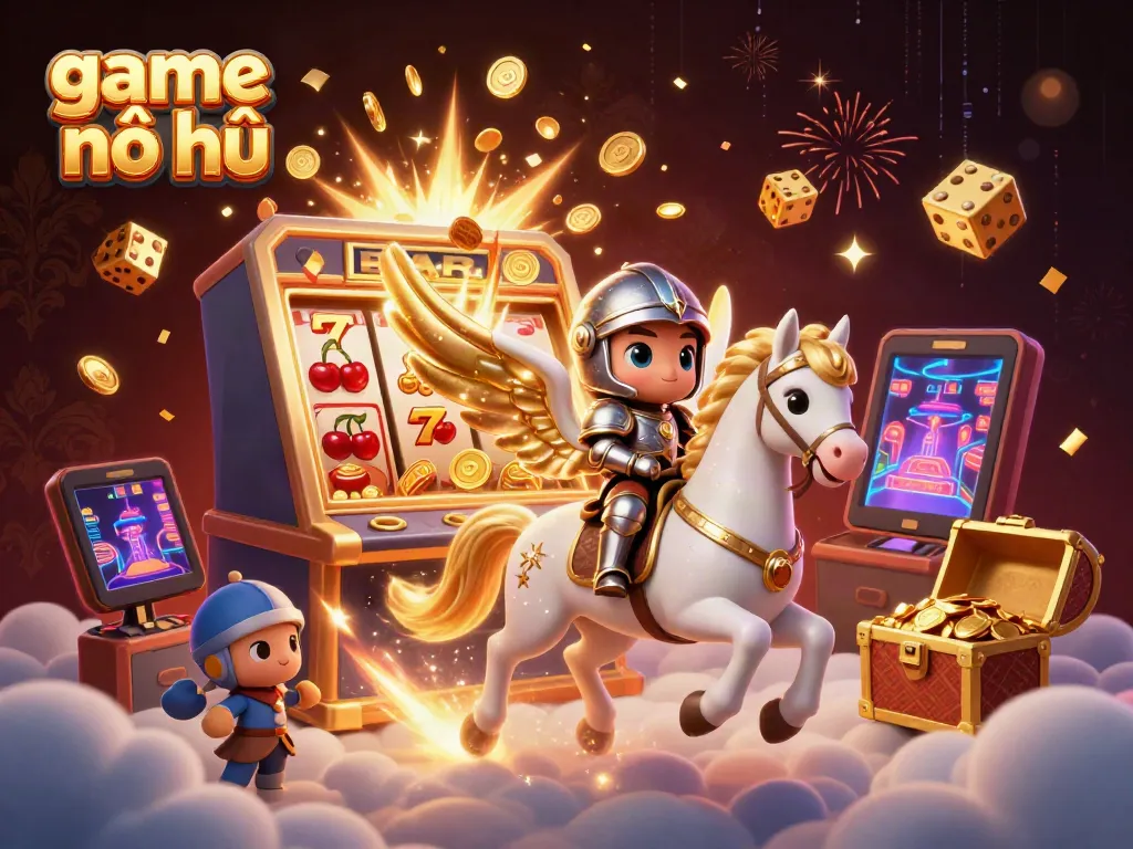 Experience the excitement of game nổ hũ with dynamic scenes of 3D animated characters, slot machines, and festive elements bursting with cash.
