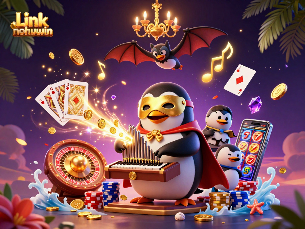 Spin the reels and enjoy wins at Link nohuwin with golden coins and colorful gems flying through an exciting casino scene.