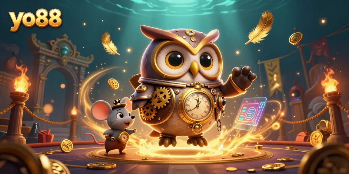yo88 experience with a steampunk owl and futuristic elements in a vibrant casino scene