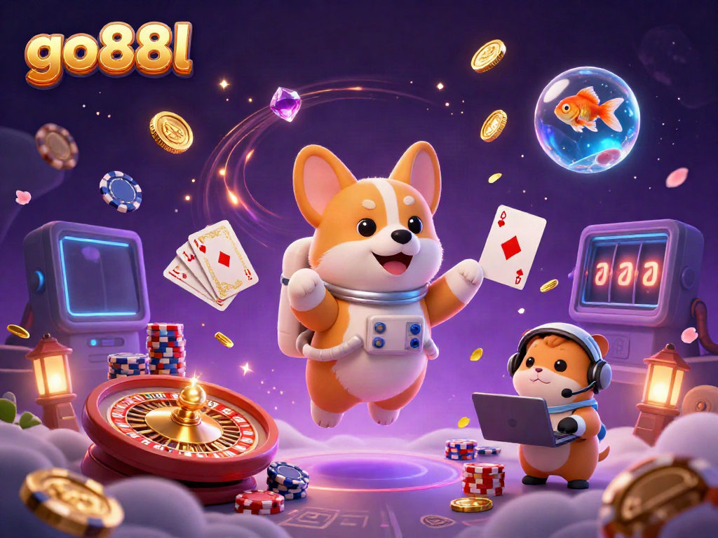 Experience thrilling gameplay at go88l with a whimsical space-themed casino illustration showcasing vibrant characters and energetic game elements.