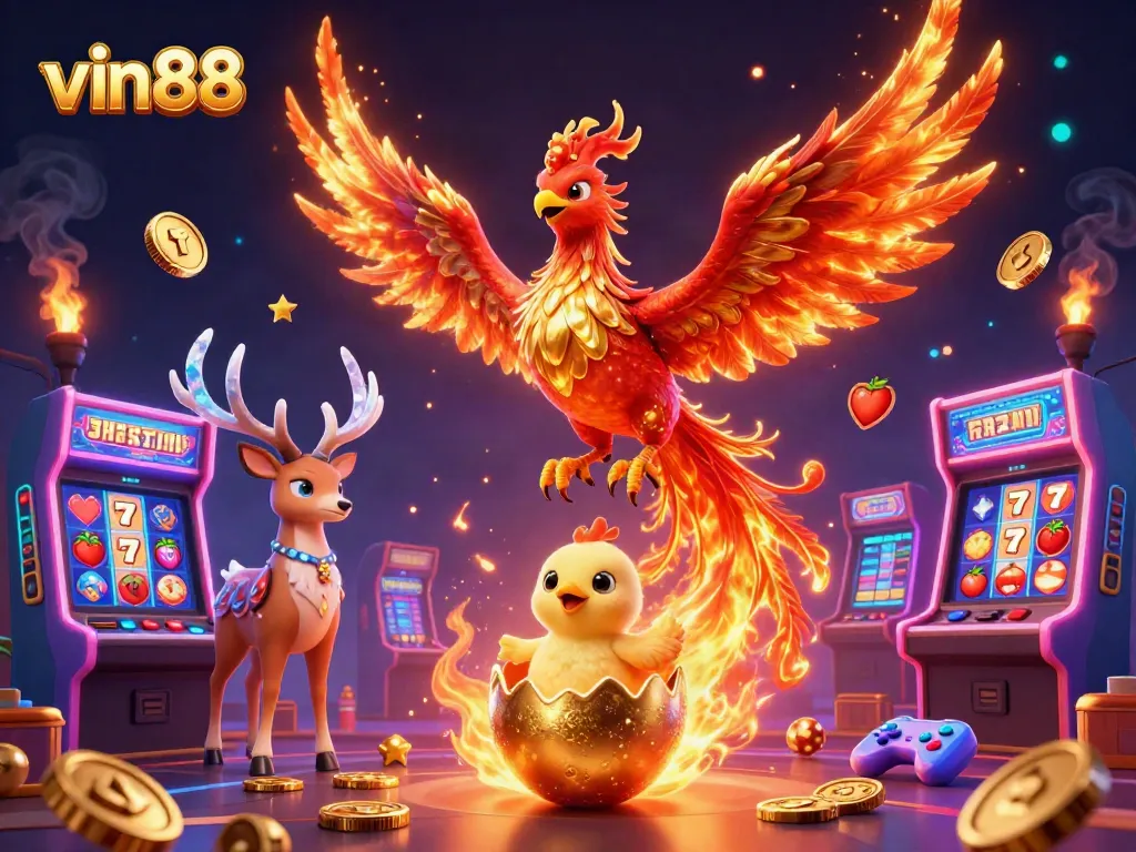 Engage with vibrant vin88 gameplay where a fire phoenix and mystical stag inspire fortune in a casino setting.