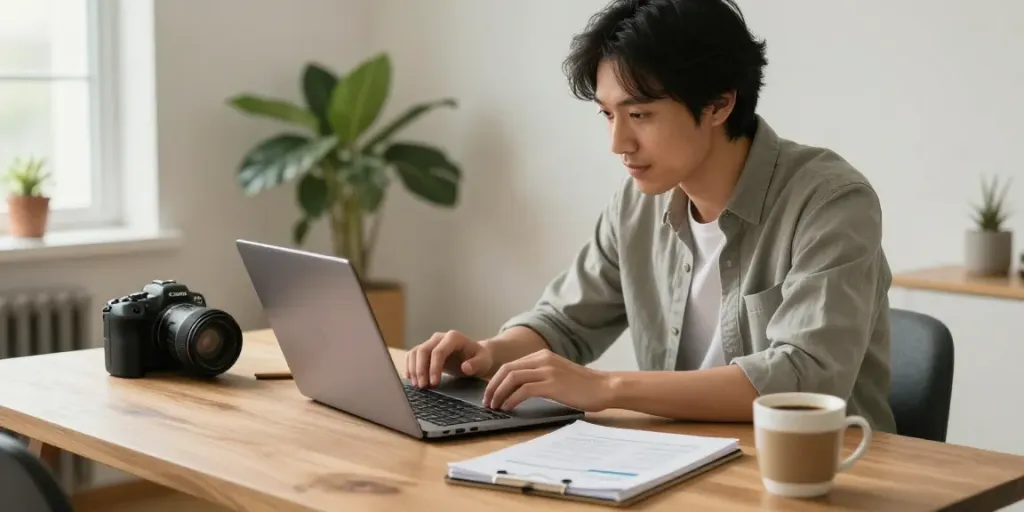 Individual considering Red Deer loans in a cozy home office.